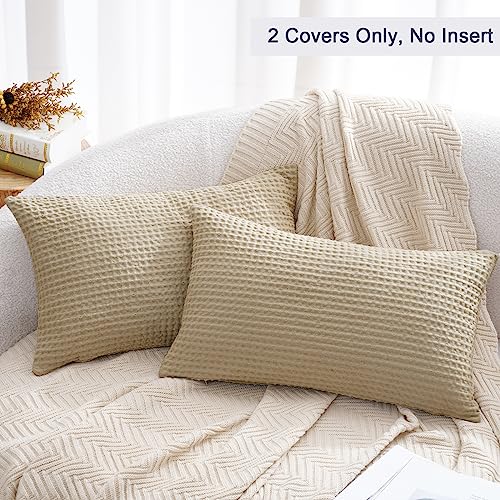 PHF Cotton Waffle Lumbar Pillow Covers 12" x 20", Khaki, No Insert - color: Khaki, size: 20" X 12" (Pack of 2)