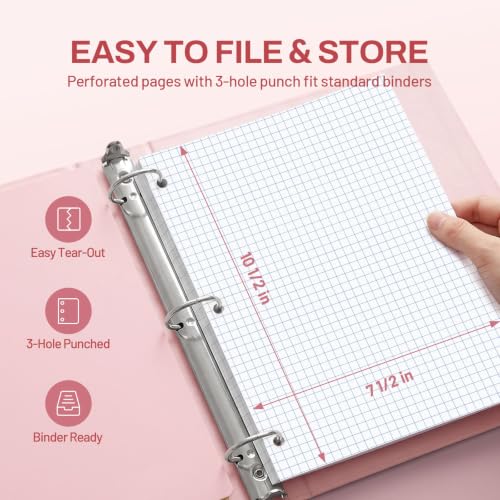 SUNEE Spiral Notebook, 1-Subject, Graph Ruled Paper, 8" x 10-1/2", 100 Sheets per Notebook, 3-Hole Punched Paper, Water Resistant Cover, Spiral Grid Notebooks for Work, Home, School, Writing, Pink - color: Pink
