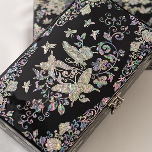 February Mountain Mother of Pearl Jewelry Organizer box - Handmade Large Wooden Box Romantic Anniversary Birthday Gifts for women (Butterfly Floral) - style: Butterfly Floral