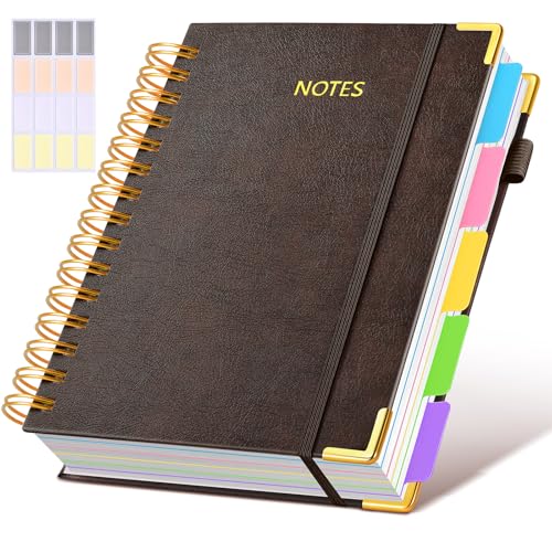 Hardcover Spiral Notebook journal with Removable Dividers Tabs, 300 Pages Leather 5 Subject Notebook College Ruled, 100GMS A5 Notebooks for Work School Note taking,Lined Journal for Women,A5 Brown - color: Brown, size: 6.2"x8.2"
