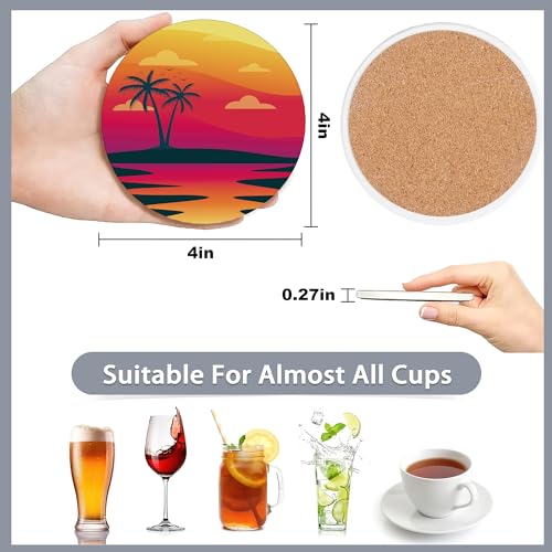 Drink Coasters Set of 6 with Holder,Beach Palm Trees Sunset Landscape Absorbent Ceramic Coasters with Cork Base,Fit All Cups,Tabletop Protection Mat for Mugs and Cups,Office,Kitchen - color: Beach Palm Trees Sunset Landscape