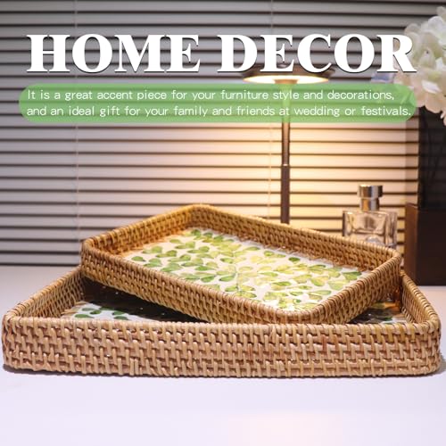 2 Pcs Rectangle Handwoven Rattan Mother of Pearl Inlay Wicker Serving Tray - color: Leaf Spring