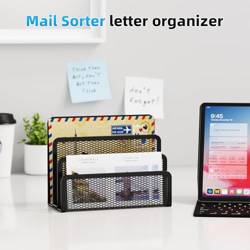 Marbrasse Mail Organizer for Desk, 3-Slot Mesh Metal Mail Holder countertop, Letter Holder, Office Desktop Envelope and Document Storage Rack (Black) - color: Black