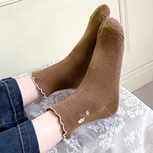 zrylibya Women Ruffle Frilly Floral Embroidery Scallop Ankle Socks 5 Pairs - color: Multicolor a