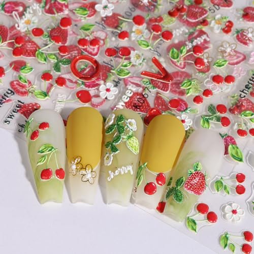 5D Embossed Fruit Nail Art Stickers 6PCS Self-Adhesive Nail Decals Orange Lemon Strawberry Cherry Watermelon Leaves Flowers Design Summer DIY Manicure Decorations Nail Accessories for Women - style: 5D Fruit Styles