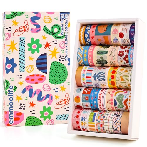 emmoolife 35 Rolls Washi Tape Set, Colorful Cute Floral Writable Decorative Tapes for Scrapbooking and Journaling, Junk Journal Supplies, Bullet Journaling for Women Girl 5-30mm Wide 9.84ft Long/Roll - style: Colorful Canvas