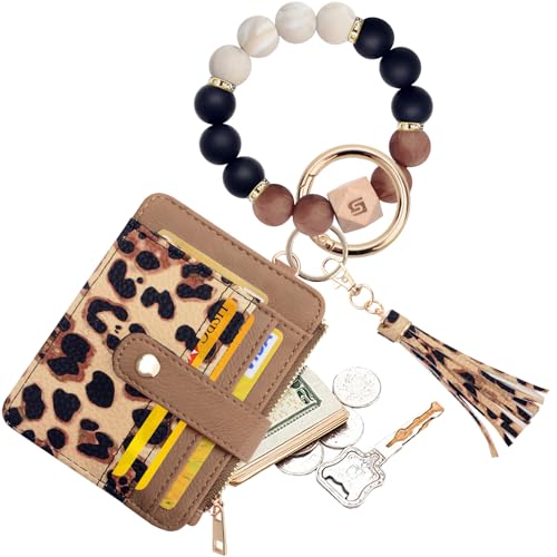 COOLANS Silicone Bracelet Wristlet Wallet Credit Card Holder RFID ID Window Key Ring Tassel Slim Wallet Women Keychain Purse - color: Brown Leopard