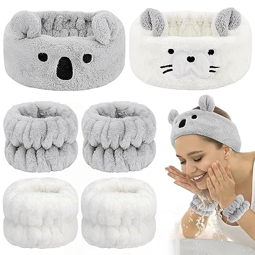AHONEY Face Wash Headband and Wristband Set, Cute Makeup Spa Skincare Headbands Wrist Bands for Washing Face Headband for Women Girls Elastic Animal Hair Band (White&Grey) - color: Grey&White
