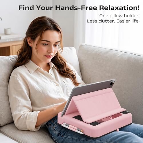 Tablet Pillow Stand, Multi-Angle Foldable iPad Holder for Bed, Sofa, Desk, Lap, Soft Pad Dock with Storage Pocket & Stylus Mount, for 4.7-13" Devices iPad,iPhone,E-Reader,Books (Pink) - color: Pink