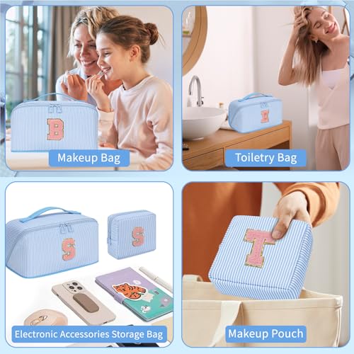 Bagmoly Personalized Gift Initial Makeup Bag for Women Teen Girls, Blue L - color: Blue, size: Standard