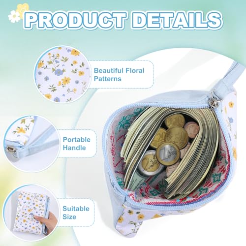 Cotton Floral Mini Organizer Bag Coin Purse for Women with KeyChain Cute Printed Zipper Change Purse Coin Pouch Card Holder Wallet Clutch for Women Girls - color: Blue