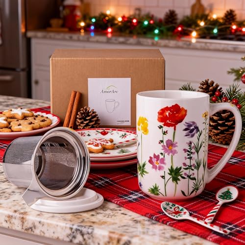AmorArc Tea Cup With Infuser and Lid, 18oz Loose Leaf Tea Mug With Steeper - color: Wild Flowers