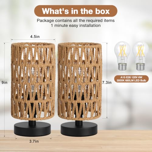 Table Lamps Set of 2 (Rattan Rope Shade - Black Base, 9" Inline Control) - color: Rattan Rope Shade - Black Base set of 2