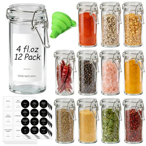 ComSaf Small Glass Spice Jars with Airtight Lids 4 oz 12 Pack with Labels - size: 4 fl oz x 12