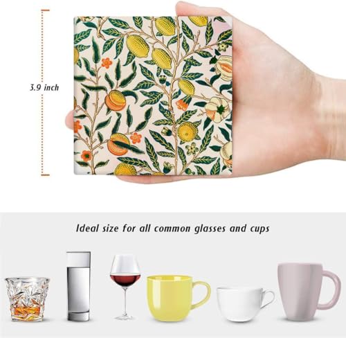 HUXJOKO Coasters for Drinks Set of 6,William Morris Floral Pattern Absorbent Ceramic Coaster,Square Stone Mat,with Cork Base and Metal Holder for Coffee Table Room Bar Home Decor Housewarming Gifts - color: William Morris 2, size: Square