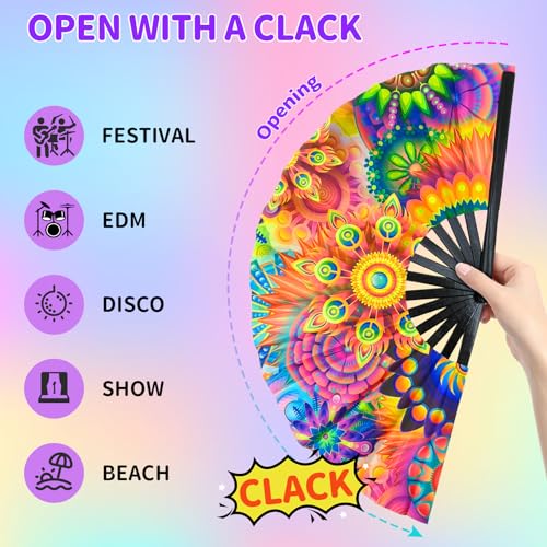 EOSAU Large UV Glow Rave Fan, Folding Hand Fans for Line Dancing, Flowers - color: 13" Flowers