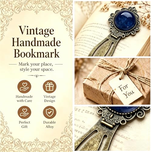 1Pcs Vintage Blue Jade Bookmark with Natural Crystal Stone - Fantasy Metal Blue Jade Bookmark for Reading Women, Men, Book Lovers, Girls and Teachers Bookmarks - color: Blue Jade