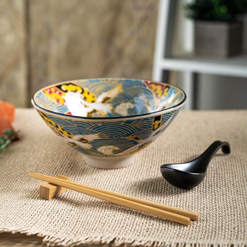 Urban Tokyo 24oz Large Ceramic Ramen Bowl Set with Chopsticks, Spoon & Bamboo Rest – Oriental Japanese Design, Microwave & Dishwasher Safe, Crane Design - color: Japanese Crane