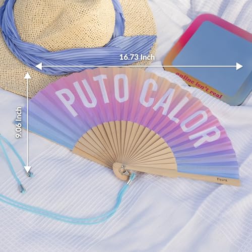 Fisura – Original folding fan with message P*to calor, gradient wooden handheld fan for women, perfect for rave, party, wedding, birthday, gift or summer decoration - color: Calor, Gradient