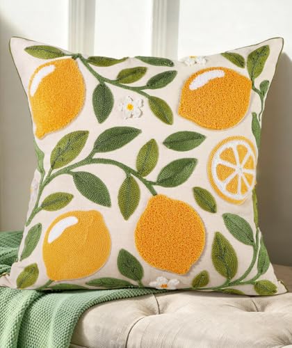 Embroidered Throw Pillow Cover, 18x18 Inch, Lemon Branch - color: Branch-lemon, size: 18" x 18" (Pack of 1)