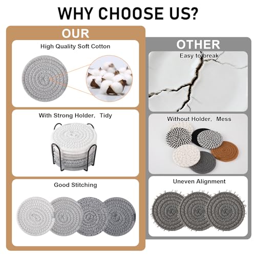 OIAHOMY 8 Pcs Coasters with Holder for Beer, Coffee, Woven Cotton Coaster Set for Table Decor for Kitchen, Bar, Dining Room, Living Room, Housewarming Gifts - Grey - color: Gray, size: 8Pcs