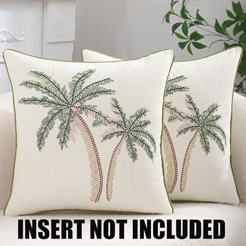 Embroidered Throw Pillow Covers 18x18 Pack of 2 Green and Pink - color: Green Pink Coconut Trees