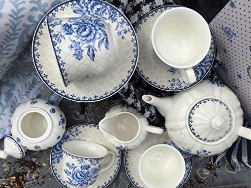 Brew To A Tea Blue Dream Tea Set, 48oz Teapot, 8oz Tea Cups, Saucers, Sugar Bowl, Creamer, Porcelain, Blue