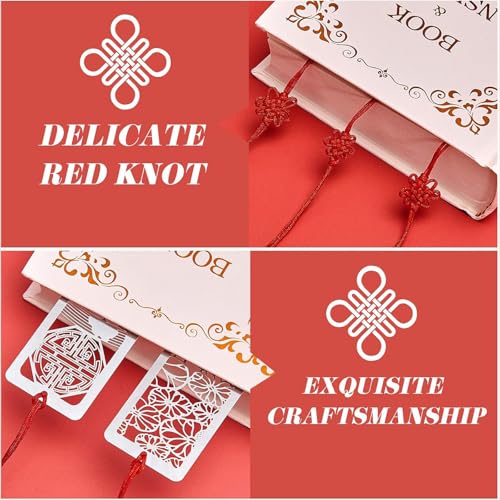 Outus 8 Pcs Metal Bookmarks, Hollow Chinese Style Silver with Red Tassel