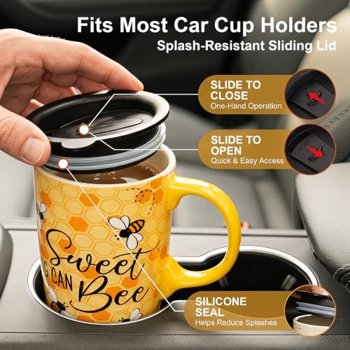 Topadorn 17oz Ceramic Travel Mug with Lid & Gift Box, Honey Bee Coffee Mug - color: Bee & Text