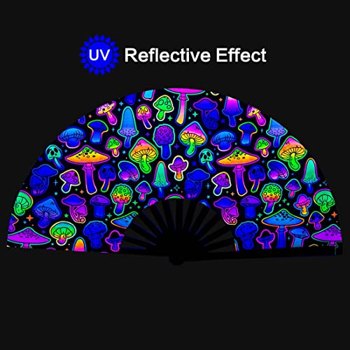 UV Glow Rave Fan, Bamboo Folding Clack Hand Fans Foldable for Men Women, Poping Fan for EDM Festival Line Dance Decoration, (Magic Mushrooms, Large 13") - color: Magic Mushrooms, size: Large 13"