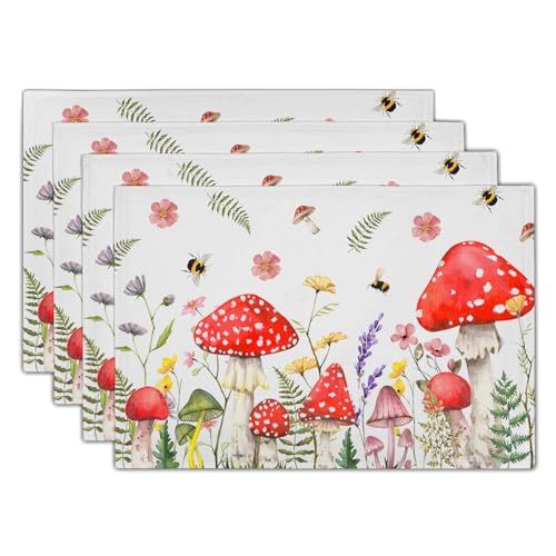 Mushroom Plants Placemats Set of 4，Rustic Wildflowers Heat Resistant Washable Place Mats 12x18 Inch Farmhouse Decor Table Mats for Party Kitchen Dining Indoor Outdoor - color: Mushroom