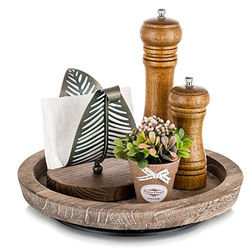 Hanobe Wooden Lazy Susan for Table Centerpiece, Round Serving Tray, 11.2" - color: Distressed & Turnable