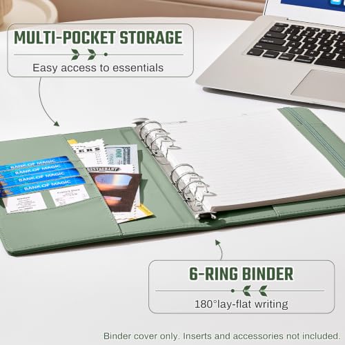 Ovesmusl Aesthetic A5 Binder 6 Ring, PU Leather Refillable Planner Cover - color: Green-flowers, size: A5