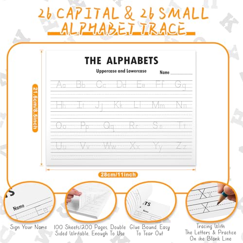 Eaasty 100 Pcs Alphabet Tracing Paper Trace Letters Alphabet Handwriting Practice Workbook Back to School for Kids Ages 3-5 Practice Paper to Write Letters for Pre K and Kindergarten (11.5x8.5 Inches) - size: 11.5x8.5 Inches