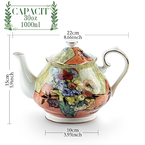 Teapot 30 oz Vangogh Paintings Bone China Loose Tea Pot Floral Design Vintage Ceramic Coffee Water Pot European Style Porcelain (Flower Vase) - color: Flower Vase