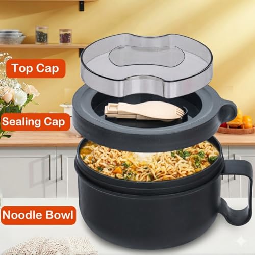 2 Pack Soup Bowl with Handles, Microwave Ramen Bowl with Lid for Soup and Instant Noodles,Oatmeal, Gumbo, Salad,BPA Free(Black Black) - color: Black Black