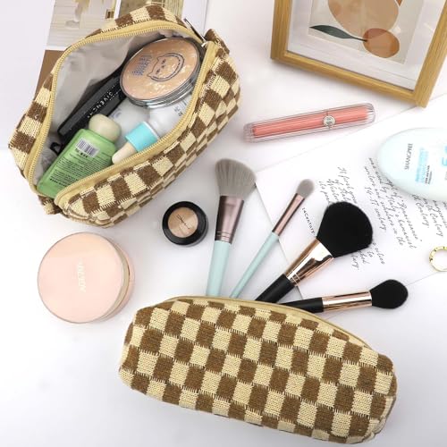 EIMMBD Makeup Bag 3 Pieces Large Capacity Checkered Cosmetic Bags Travel Toiletry Bag Organizer Cute Makeup Pouch Storage for Women(Brown) - color: Brown