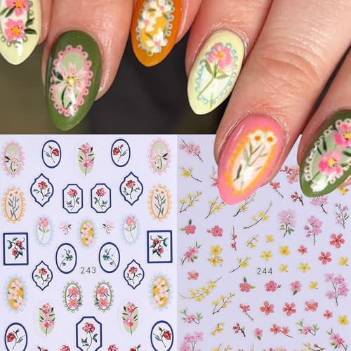 3D Flower Leaf Nail Stickers 12 Sheets Self-Adhesive Floral Decals for Nail Art Summer Wildflowers Blossom Leaves Design Manicure Decorations DIY Plants Sliders Nail Art Accessories for Women - style: Wildflowers