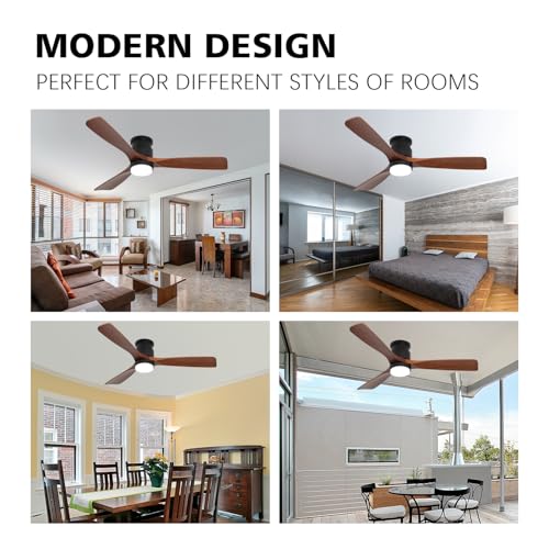 52" Dark Brown Ceiling Fan with Lights and Remote - color: Flush Mount - Brown wood