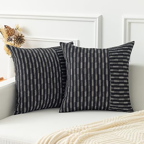 Kevin Textile Ink Black and Beige Patchwork Farmhouse Throw Pillow Covers 18 x 18 Inch, Pack of 2 Striped Linen Decorative Pillow Case for Sofa Couch Chair Bedroom Modern Decor - color: Black, size: 18" x 18" (Pack of 2)
