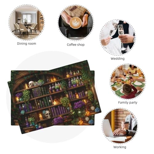 Mysterious Witch Placemats Set of 4, Gothic Witch Bookshelf Table Mat, Vintage Farmhouse Washable Heat-Resistant Waterproof Rectangle Place Mat for Home Party Kitchen Dining Decor - color: Witch