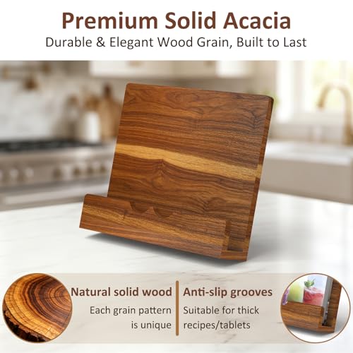 Acacia Wood Cookbook Stand for Kitchen Counter, Recipe Book Holder
