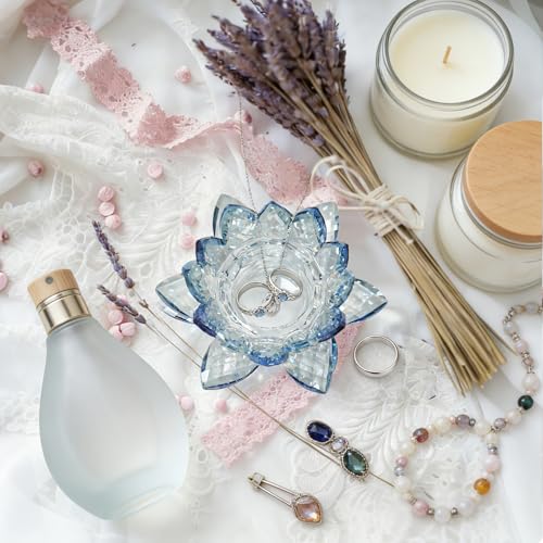 Crystal Lotus Jewelry Tray, 4.3" Floral Trinket Dish for Rings Earrings, Decorative Vanity Dresser Nightstand Organizer, Elegant Gift for Women (Blue) - size: 4.4"(w) - Blue