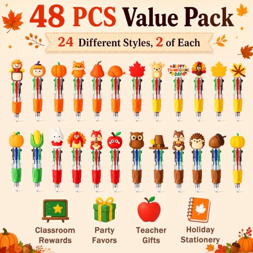 48PCS Thanksgiving Fun Pens Cute Autumn 4-in-1 Multicolor Gift Pens Bulk - style: Thanksgiving-48pcs