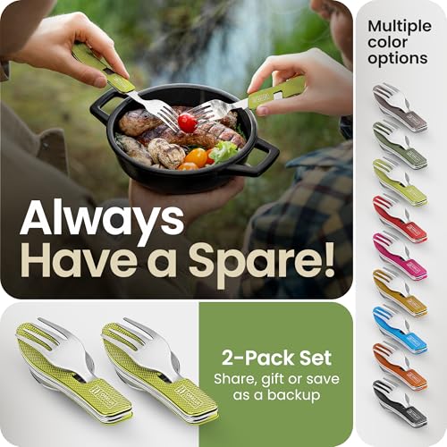 Orblue 4-in-1 Camping Eating Utensils, 2-Pack - Portable Spoon, Fork, Knife & Bottle Opener Combo Set - Stainless Steel Flatware with Detachable Fork - Travel, Backpacking Cutlery Multitool, Green - color: 2-PACK Green