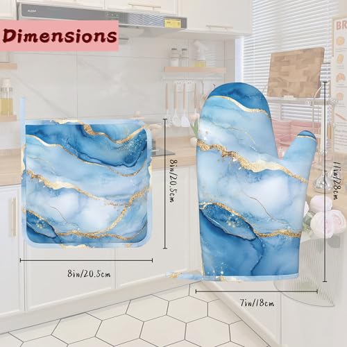 Blue Gold Marble Heat-Resistant Silicone Oven Mitts and Pot Holder 4 Piece Set,Non-Slip Kitchen Oven Gloves for Baking, BBQ, Cooking,Grilling - color: Blue Gold Marble