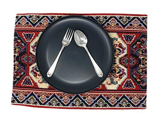 DaDa Bedding Majestic Red Kilim Rug Dining Table Placemats - Set of 4-Pieces Tapestry Cotton Kitchen Mats Royal Persian Tradtional Design - Elegant Intricate Multi-Colorful Floral Ornate - 13” x 19” - color: Majestic Red Kilim Rug