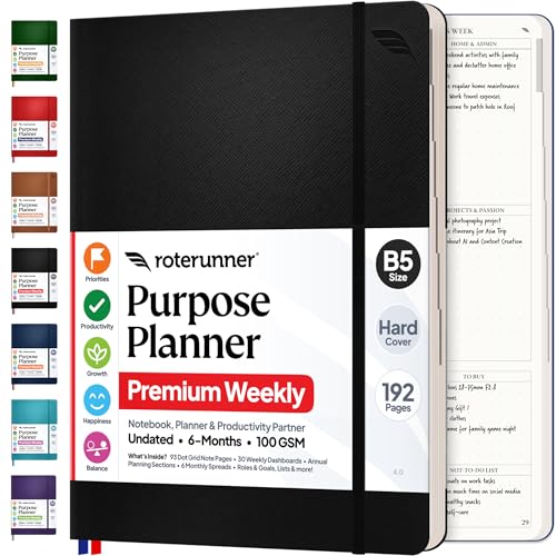 Roterunner Purpose Planner Notebook B5 7.5”x9.8” Undated 2026 Daily Weekly and Monthly Productivity Goal Setting Tool for Work Home ADHD for Adults Self Care Journal