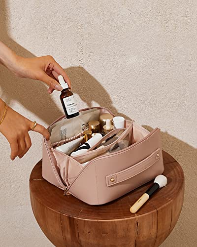 EACHY Travel Makeup Bag for Women, PU Leather Cosmetic Bag, Pink, Medium - color: A - Pink, size: Medium