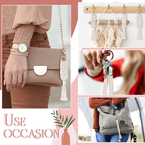 Junkin Macrame Boho Keychains Bulk Handcrafted Aesthetic Key Chain with Tassel for Women Car Key Purse Wallet Beige